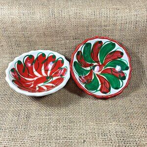 Talavera Hand Painted Bowls Peppers Mexico Folk Pottery Footed Dip Bowls